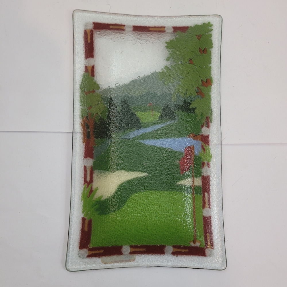 Peggy Karr Glass Fused Art Tray Golf Course Landscape Handmade USA 9.5in
